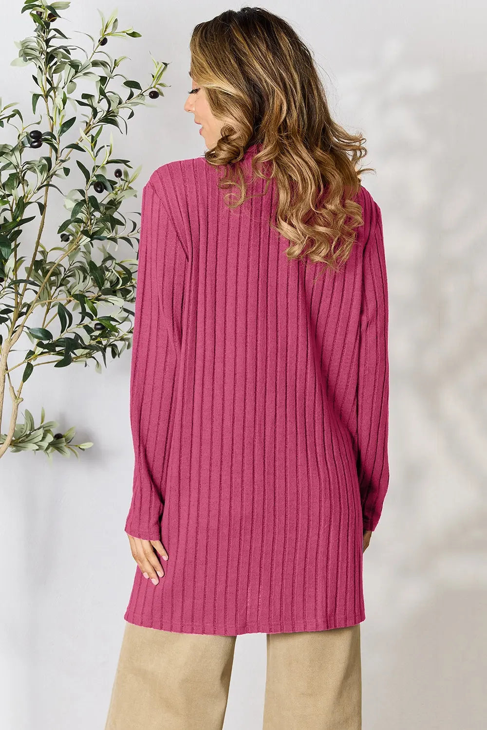 Basic Bae Full Size Ribbed Open Front Cardigan with Pockets - Nikki’s Place