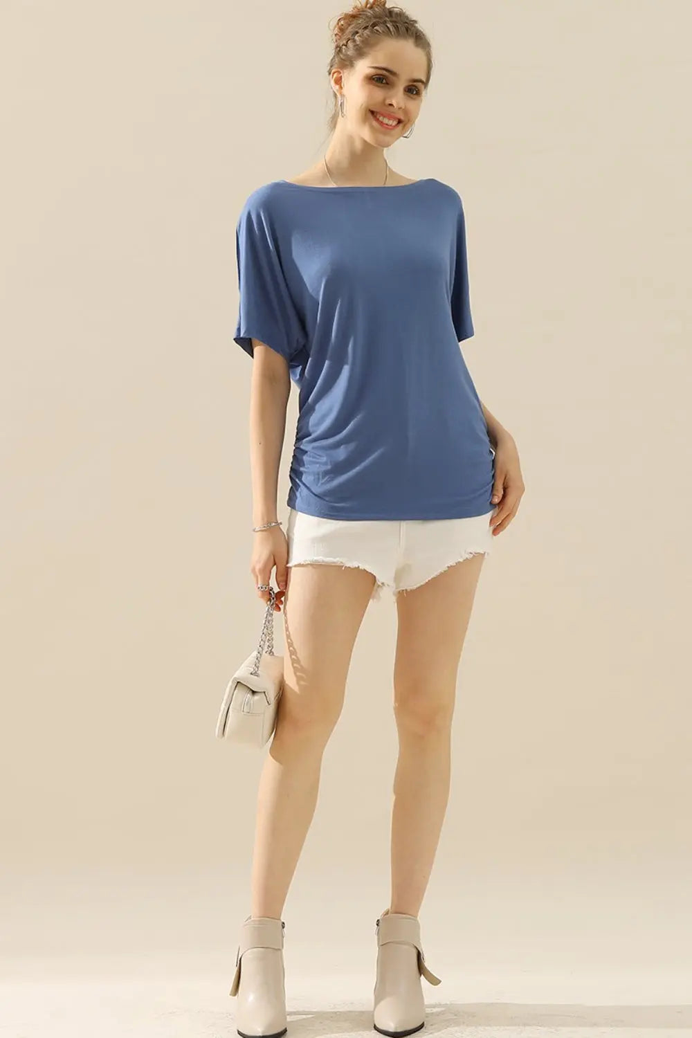 Ninexis Boat Neck Short Sleeve Ruched Side Top - Nikki’s Place