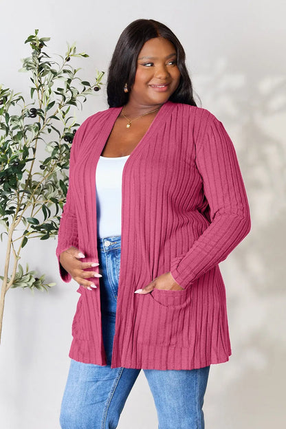 Basic Bae Full Size Ribbed Open Front Cardigan with Pockets - Nikki’s Place