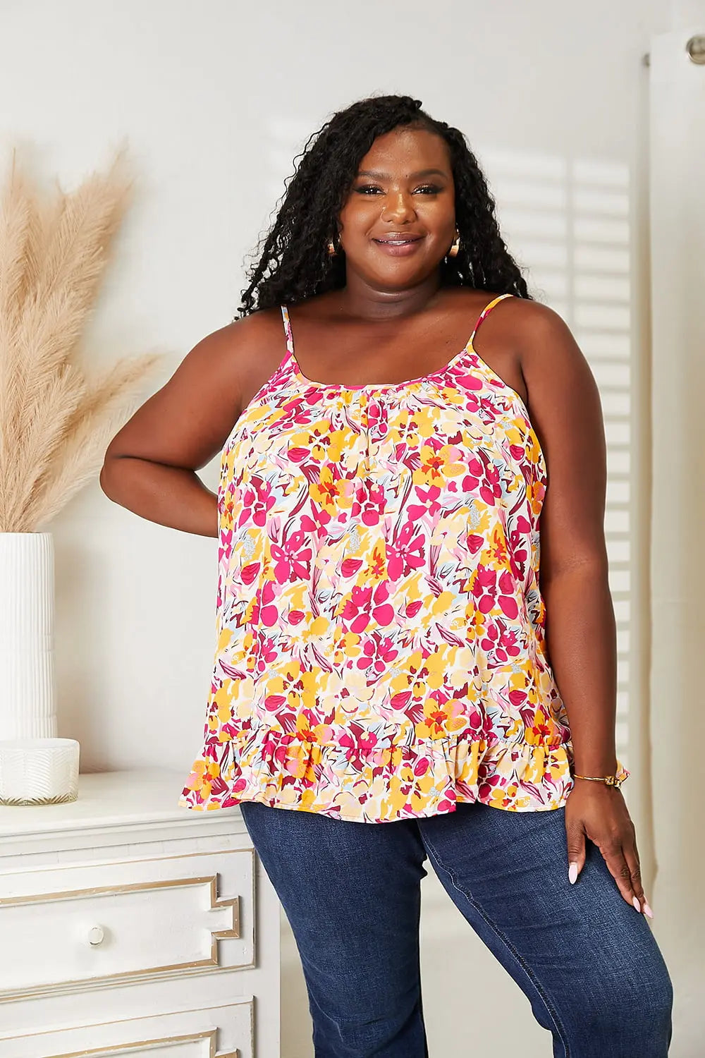 Double Take Floral Scoop Neck Ruffle Hem Cami - Nikki’s Place