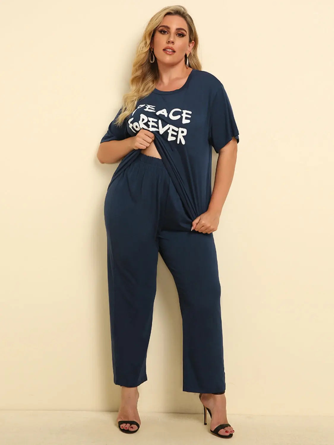 Plus Size PEACE FOREVER Short Sleeve Top and Pants Set - Nikki’s Place