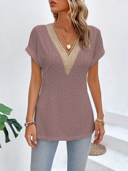 Slit Eyelet V-Neck Short Sleeve Blouse - Nikki’s Place