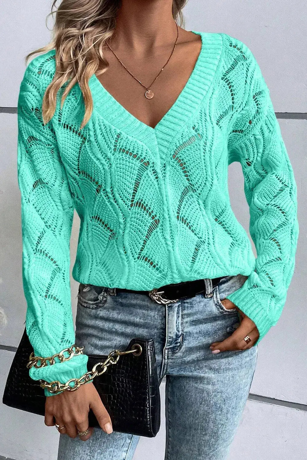 Openwork V-Neck Long Sleeve Sweater - Nikki’s Place