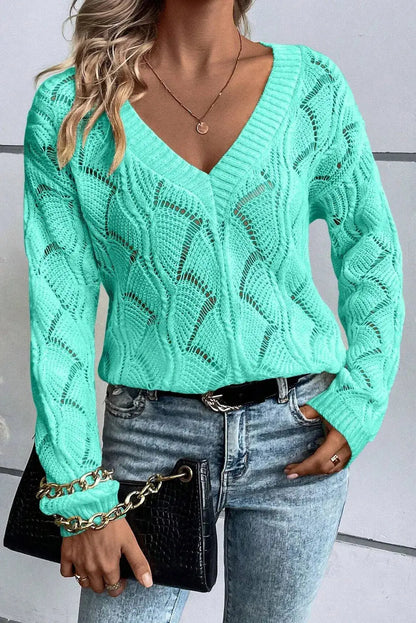 Openwork V-Neck Long Sleeve Sweater - Nikki’s Place