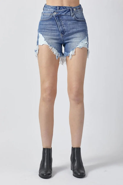 RISEN Raw Hem Asymmetrical Waist Denim Shorts - Nikki’s Place