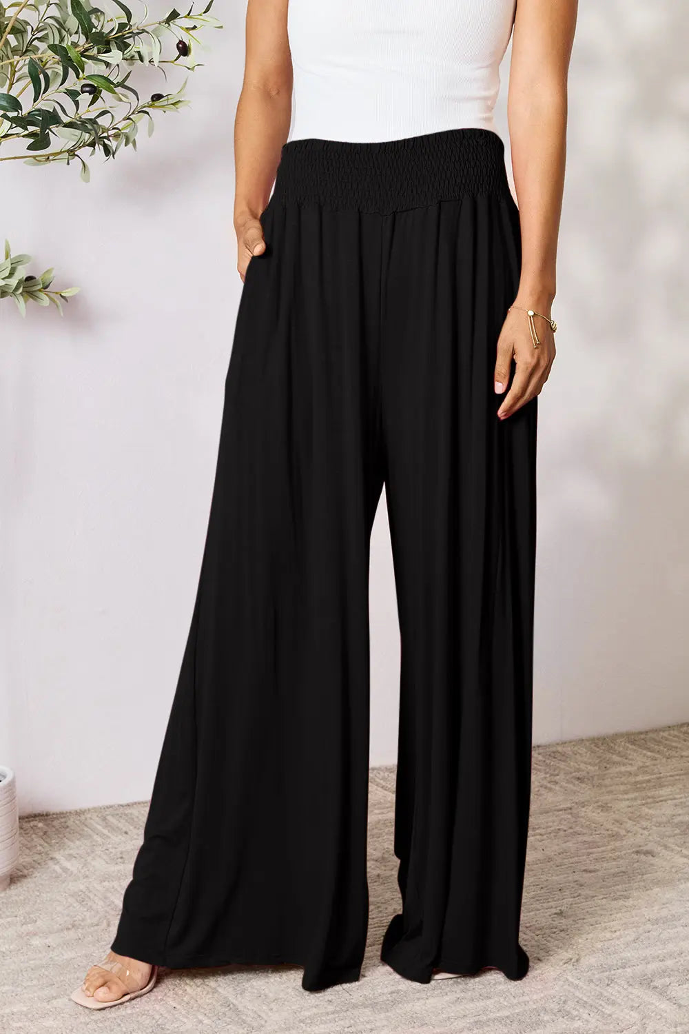 Double Take Full Size Smocked Wide Waistband Wide Leg Pants - Nikki’s Place