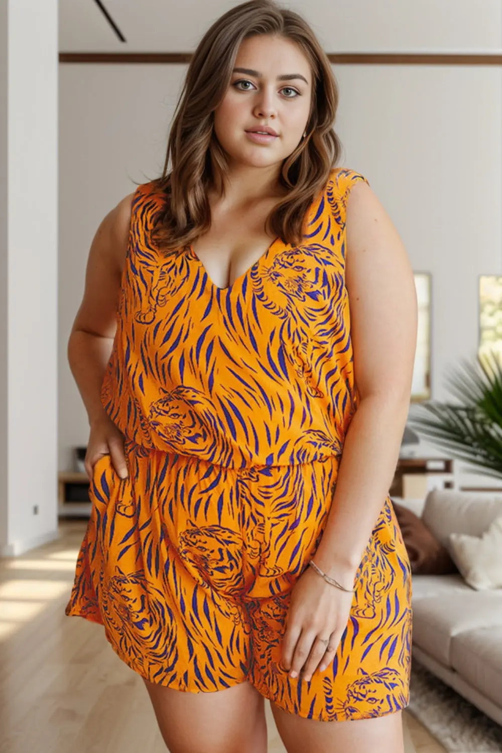 Plus Size Tiger Printed V-Neck Sleeveless Romper - Nikki’s Place