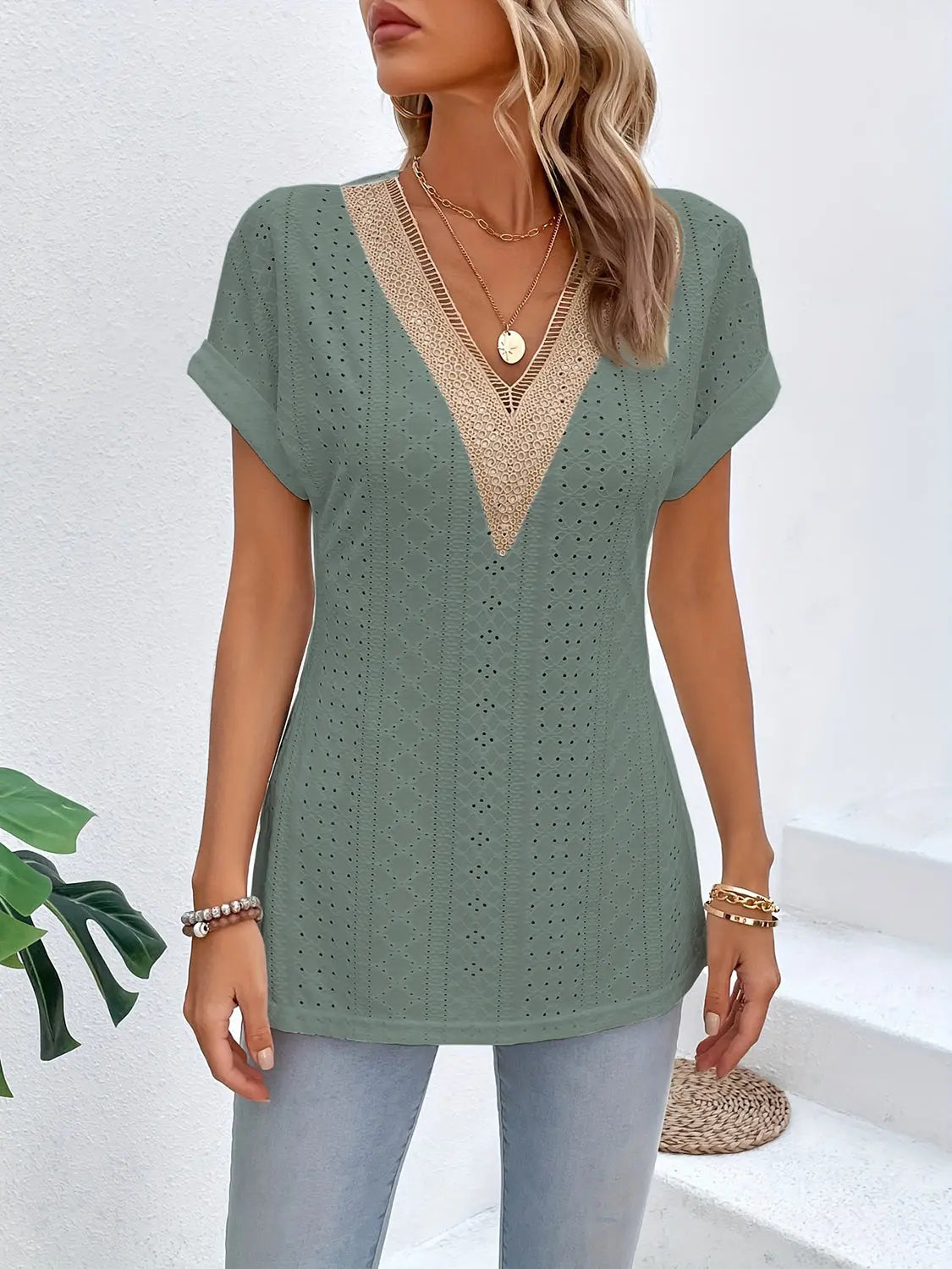 Slit Eyelet V-Neck Short Sleeve Blouse - Nikki’s Place