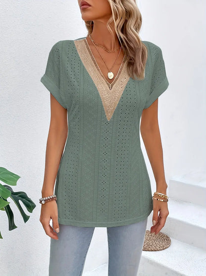 Slit Eyelet V-Neck Short Sleeve Blouse - Nikki’s Place