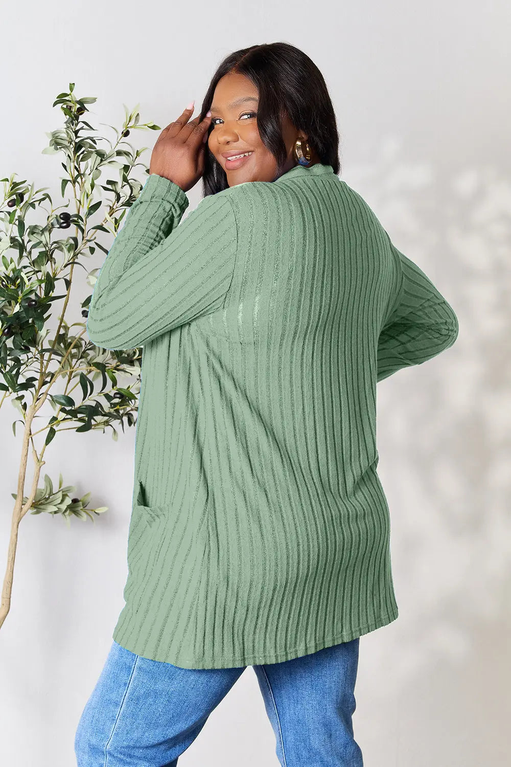 Basic Bae Full Size Ribbed Open Front Cardigan with Pockets - Nikki’s Place