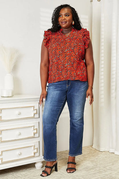 Double Take Floral Flutter Sleeve Notched Neck Blouse - Nikki’s Place