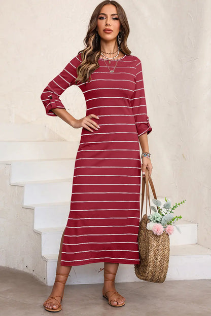 Slit Striped Round Neck Midi Dress - Nikki’s Place