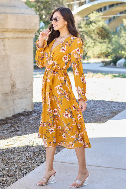 Double Take Full Size Floral Tie Back Flounce Sleeve Dress - Nikki’s Place