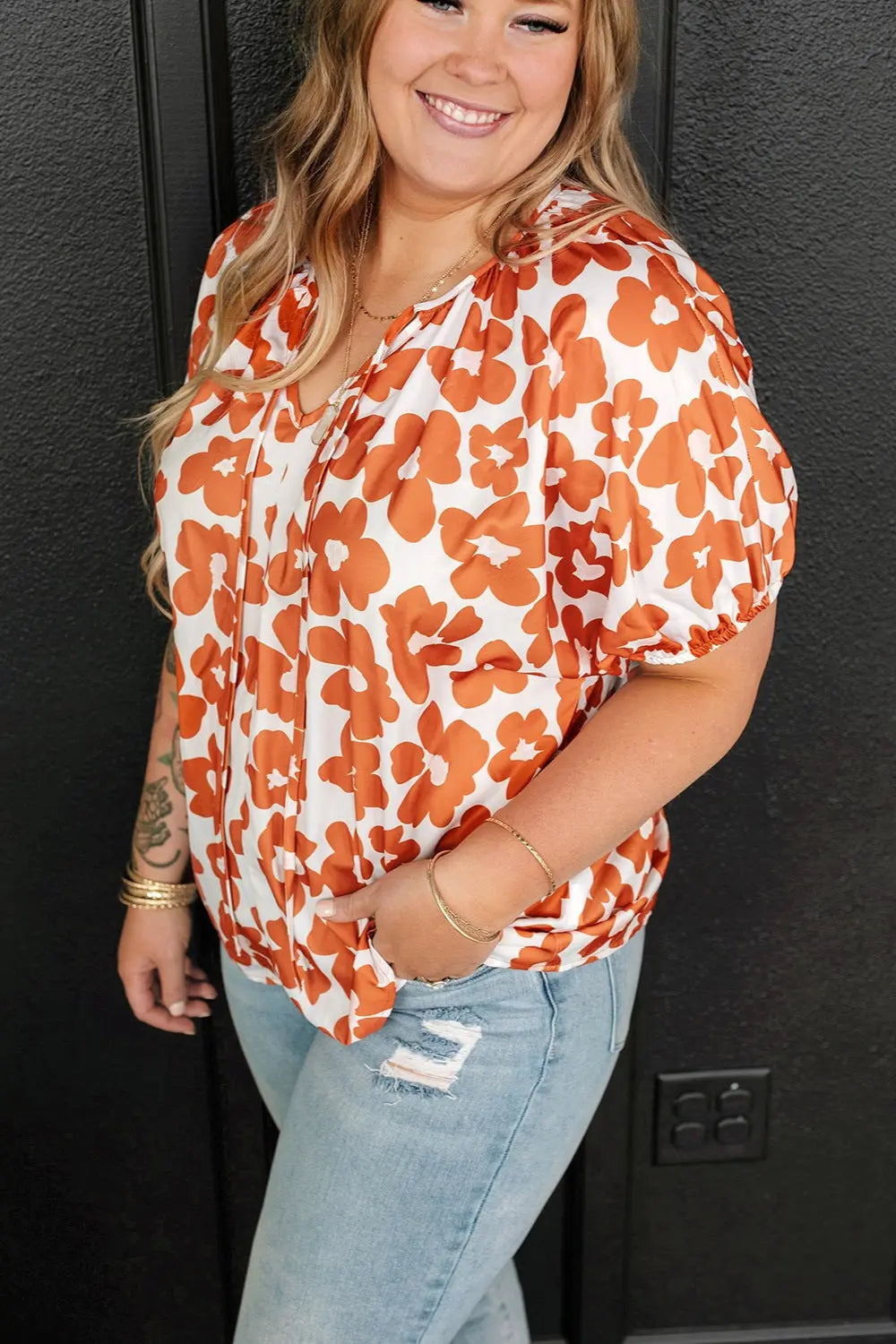 Plus Size Printed Tie Neck Short Sleeve Blouse - Nikki’s Place