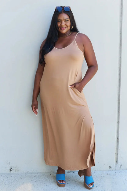 Ninexis Good Energy Full Size Cami Side Slit Maxi Dress in Camel - Nikki’s Place