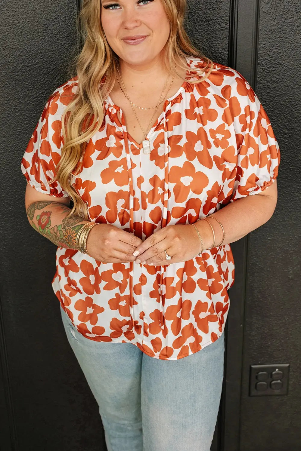 Plus Size Printed Tie Neck Short Sleeve Blouse - Nikki’s Place