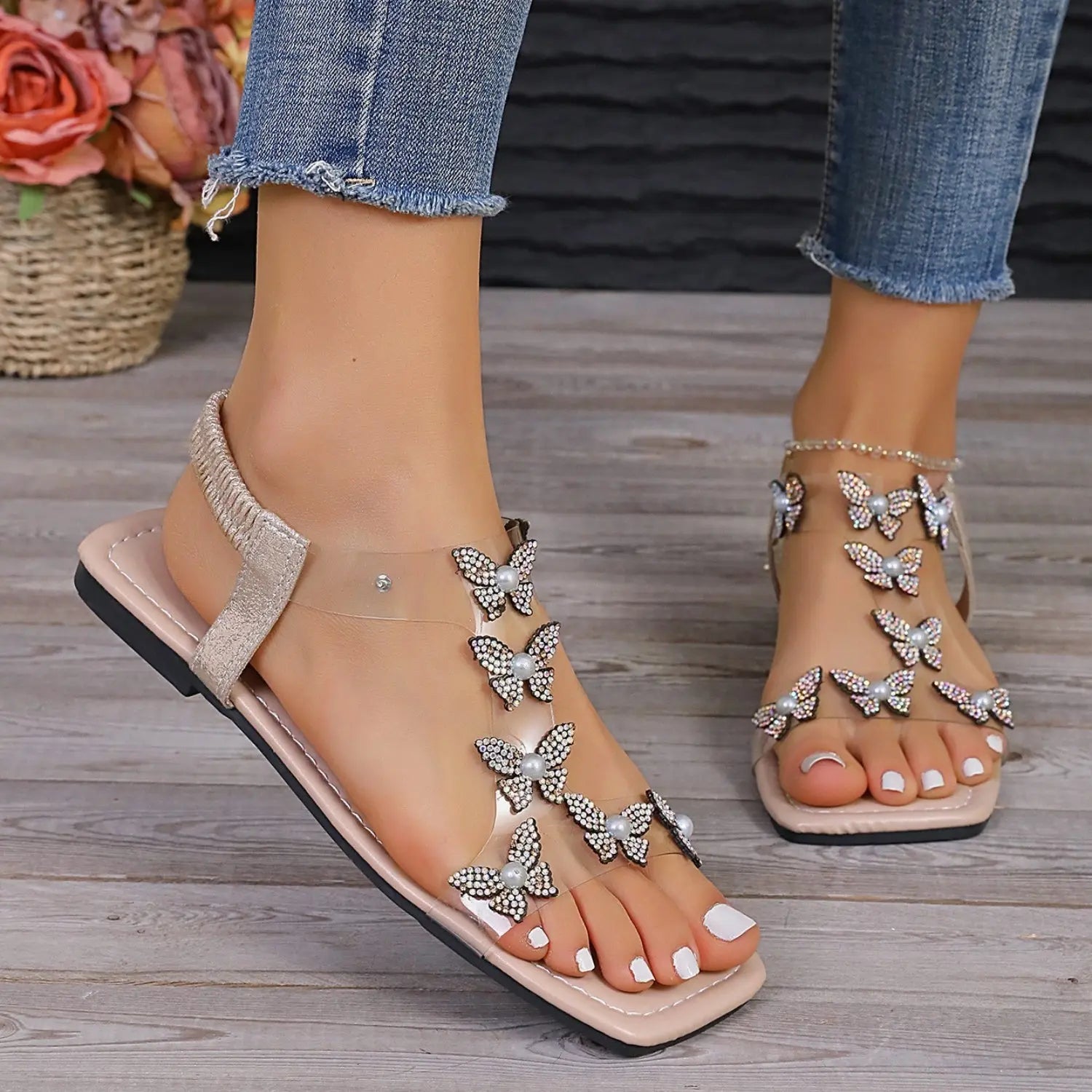 Rhinestone Butterfly Flat Sandals - Nikki’s Place