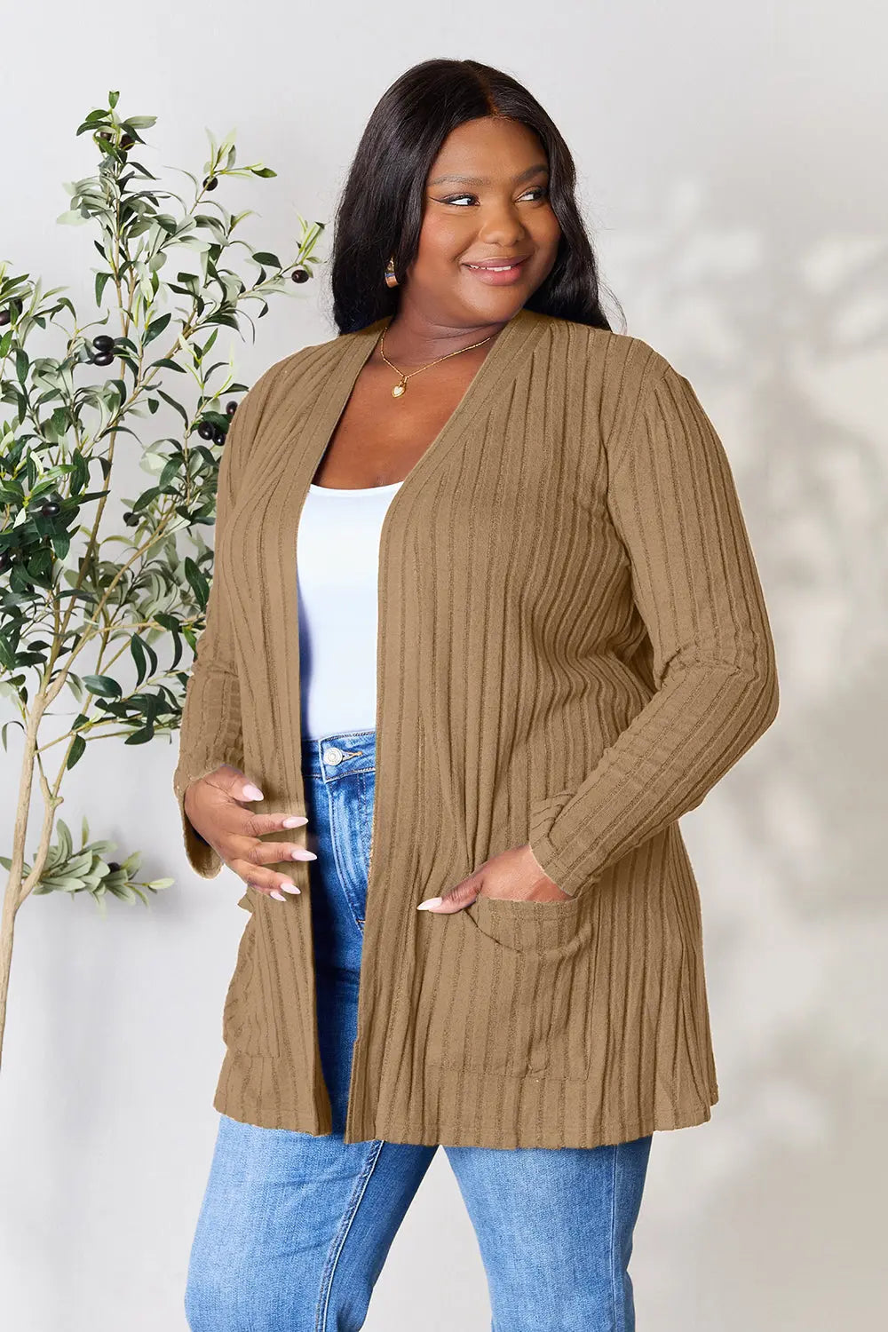 Basic Bae Full Size Ribbed Open Front Cardigan with Pockets - Nikki’s Place