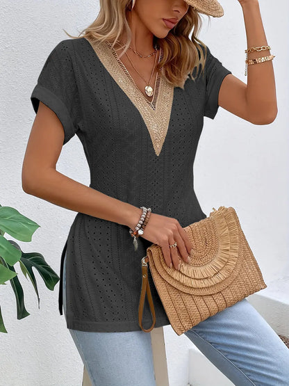 Slit Eyelet V-Neck Short Sleeve Blouse - Nikki’s Place