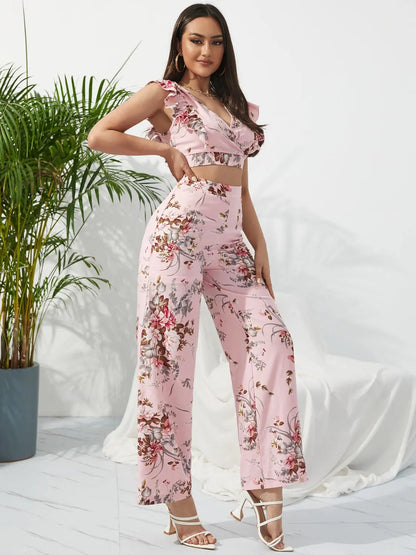 Printed Surplice Cap Sleeve Top and Pants Set - Nikki’s Place