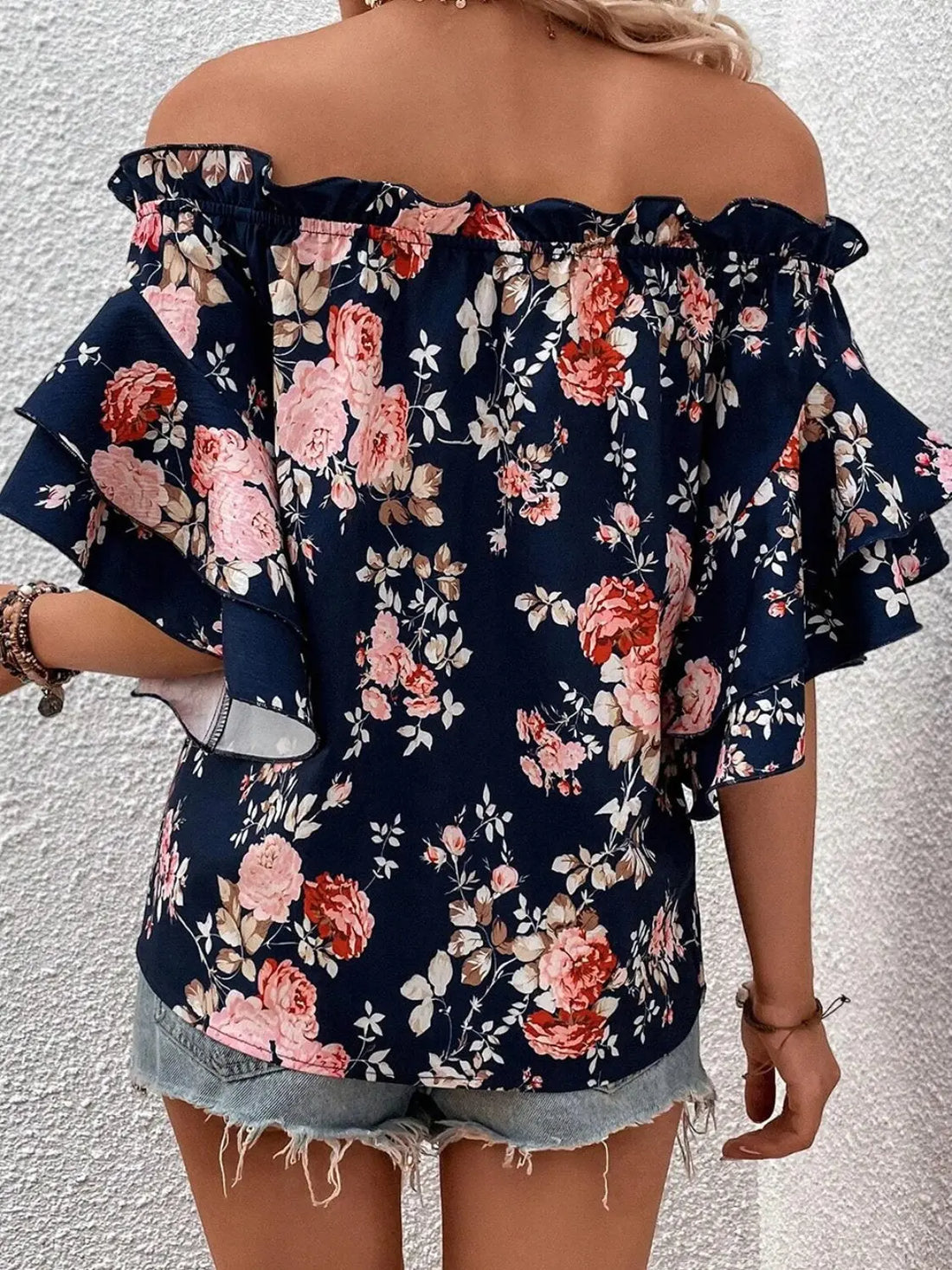 Printed Off-Shoulder Flounce Sleeve Blouse - Nikki’s Place