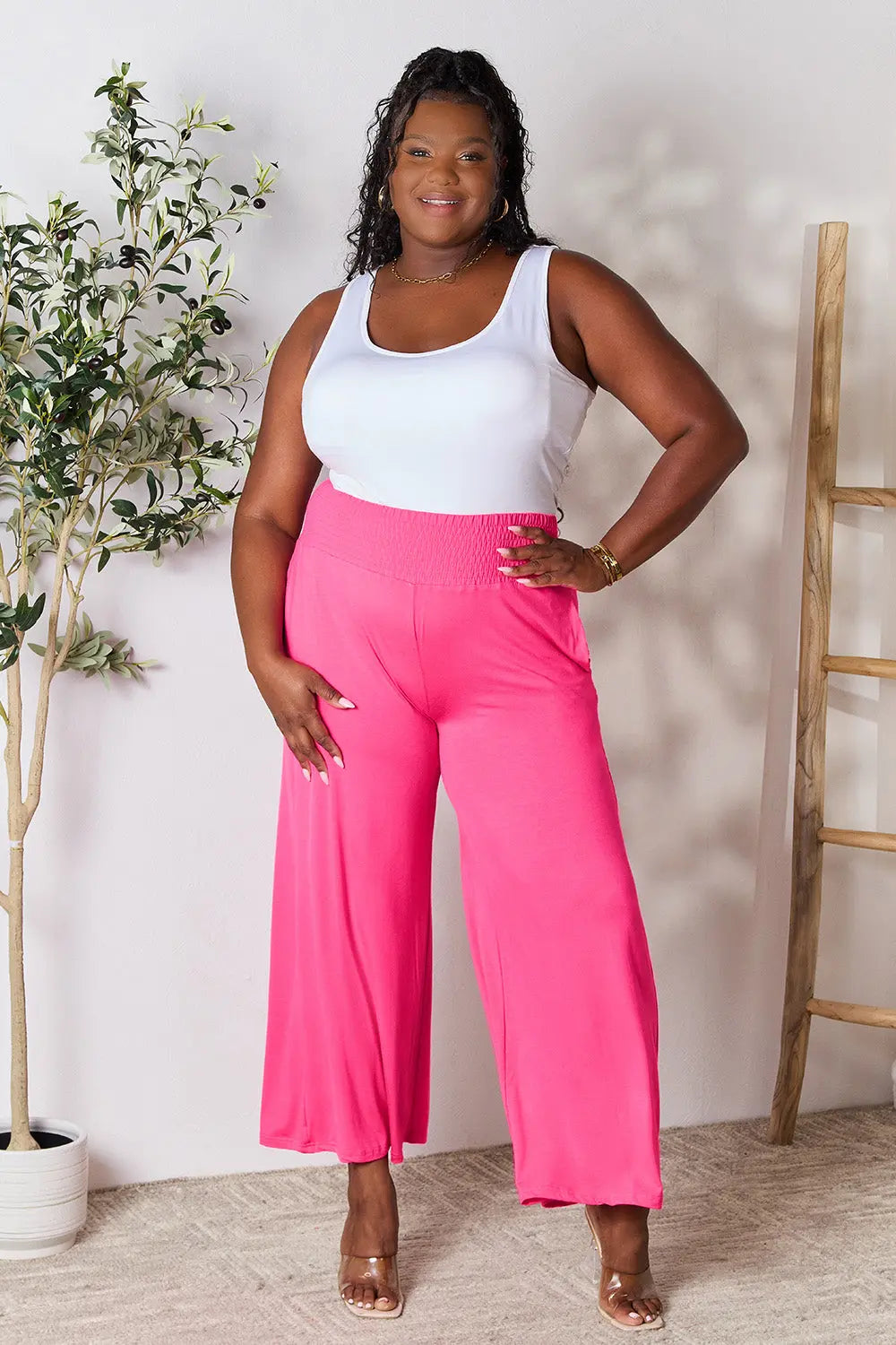 Double Take Full Size Smocked Wide Waistband Wide Leg Pants - Nikki’s Place