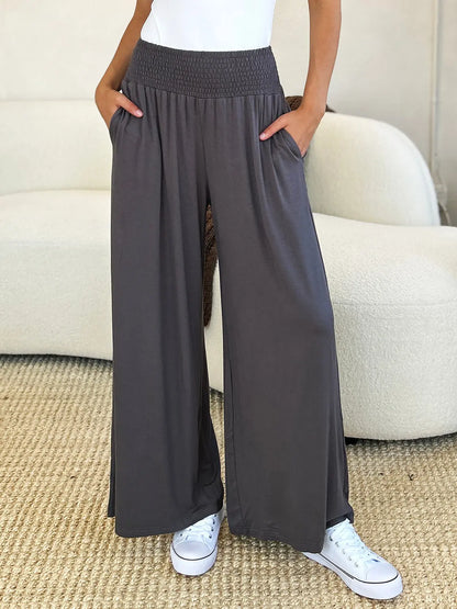 Double Take Full Size Smocked Wide Waistband Wide Leg Pants - Nikki’s Place