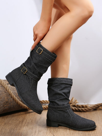 Double Buckle Block Heel Boots Trendsi