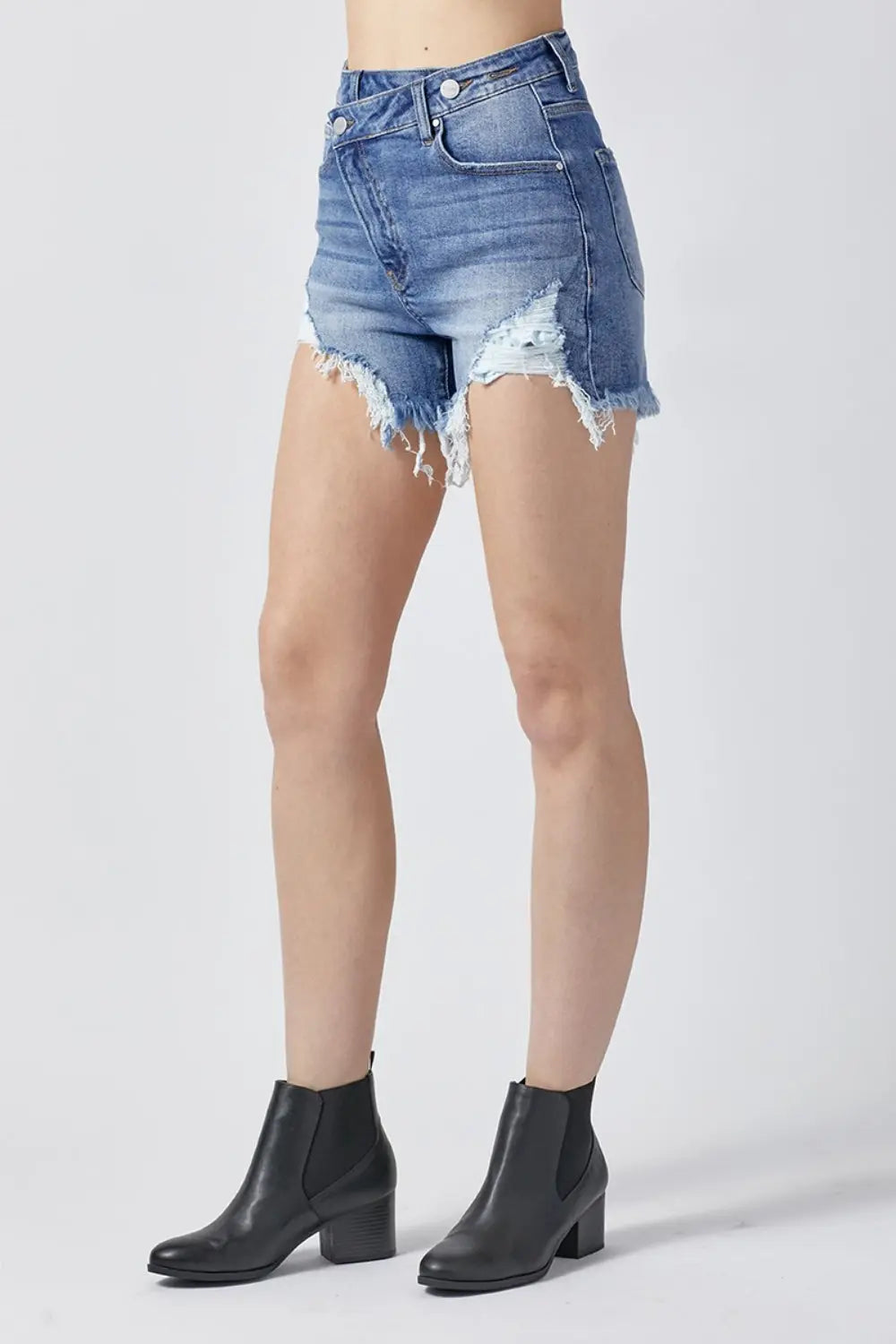 RISEN Raw Hem Asymmetrical Waist Denim Shorts - Nikki’s Place