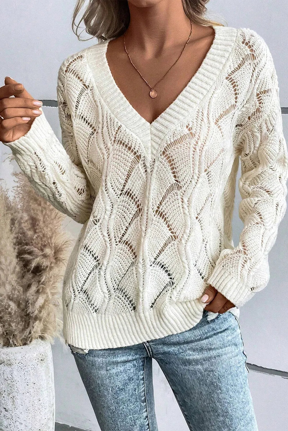 Openwork V-Neck Long Sleeve Sweater Nikki’s Place