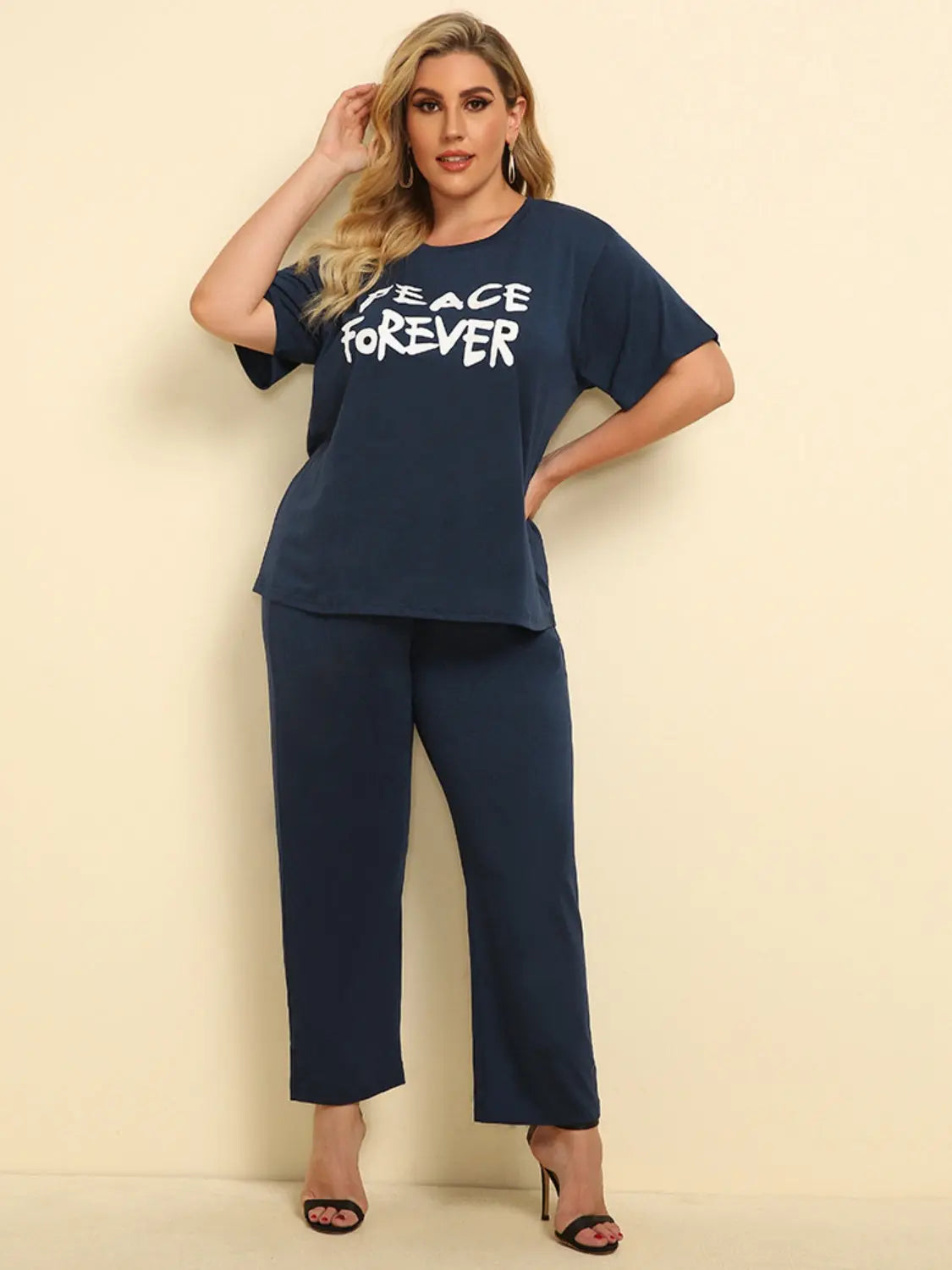 Plus Size PEACE FOREVER Short Sleeve Top and Pants Set - Nikki’s Place