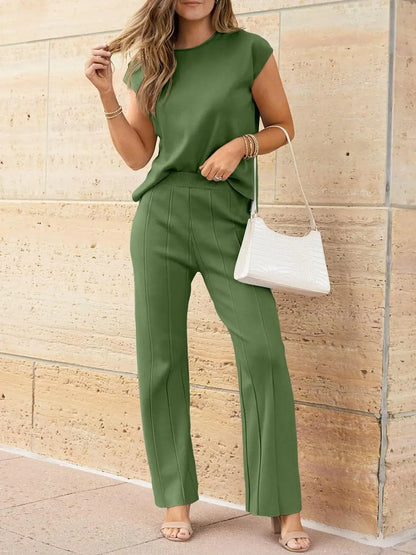 Round Neck Cap Sleeve Top and Pants Knit Set - Nikki’s Place