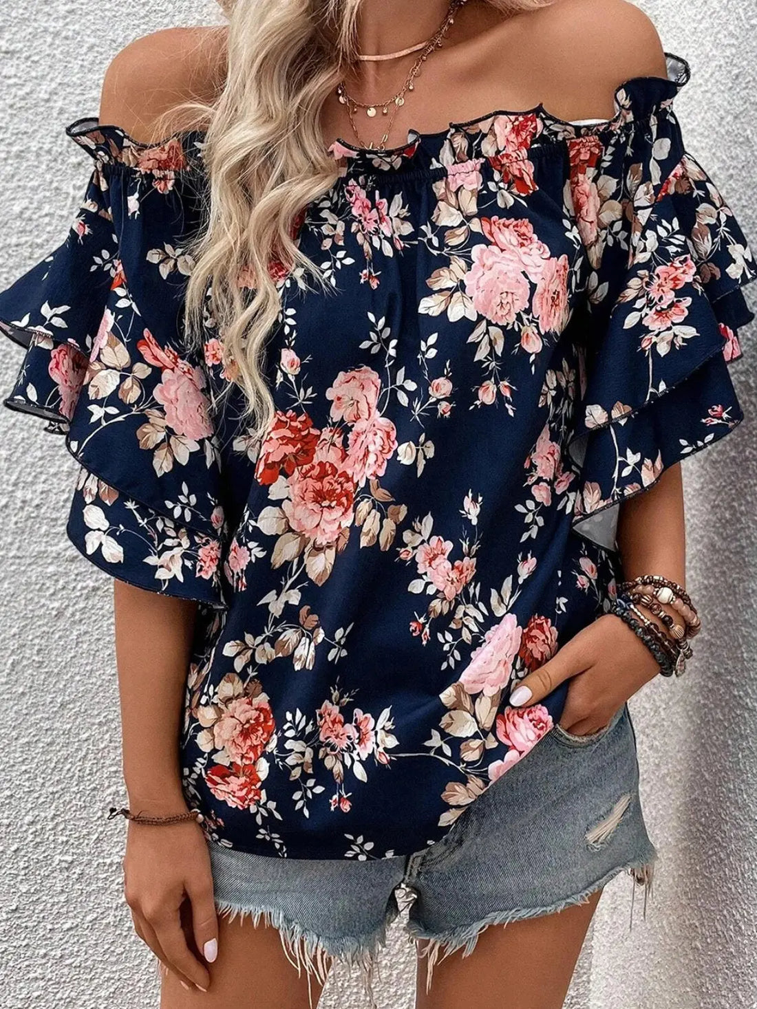 Printed Off-Shoulder Flounce Sleeve Blouse - Nikki’s Place