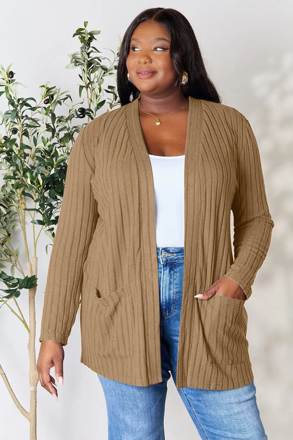 Basic Bae Full Size Ribbed Open Front Cardigan with Pockets - Nikki’s Place