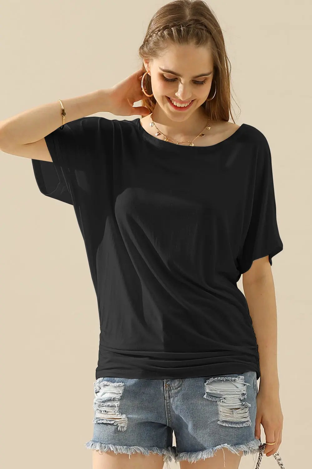 Ninexis Boat Neck Short Sleeve Ruched Side Top - Nikki’s Place