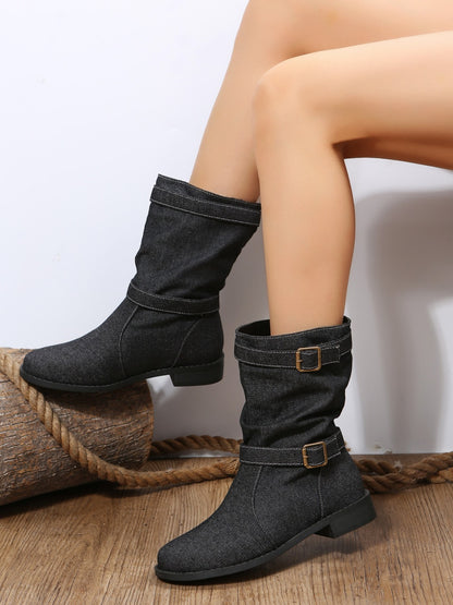 Double Buckle Block Heel Boots Trendsi