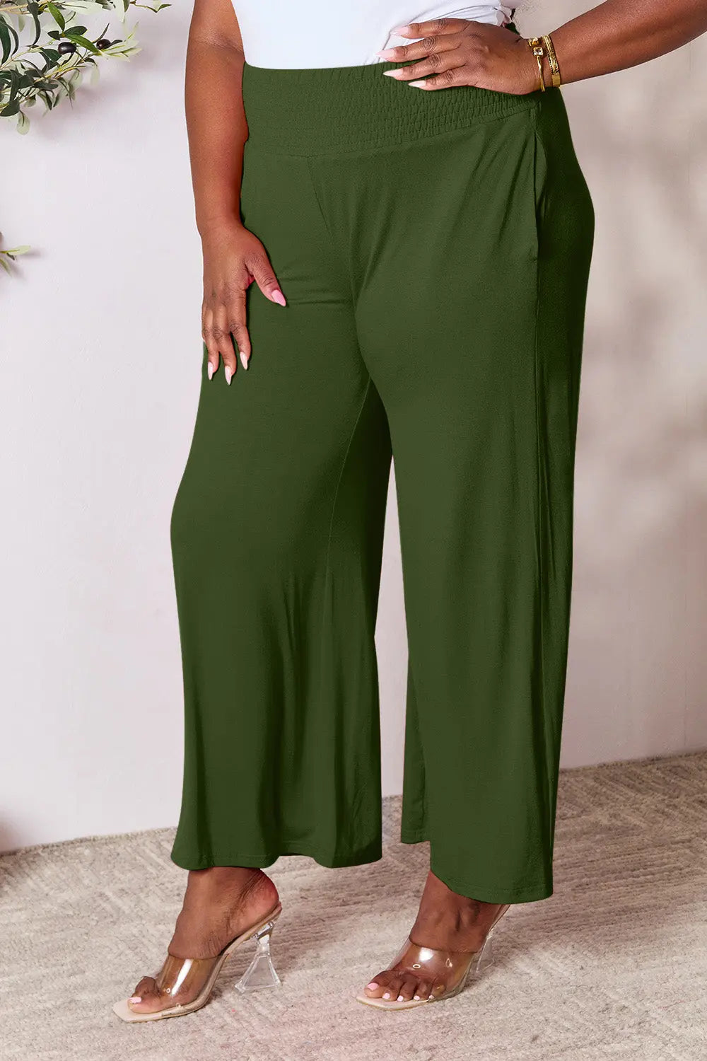 Double Take Full Size Smocked Wide Waistband Wide Leg Pants - Nikki’s Place