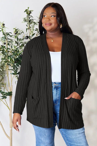 Basic Bae Full Size Ribbed Open Front Cardigan with Pockets - Nikki’s Place