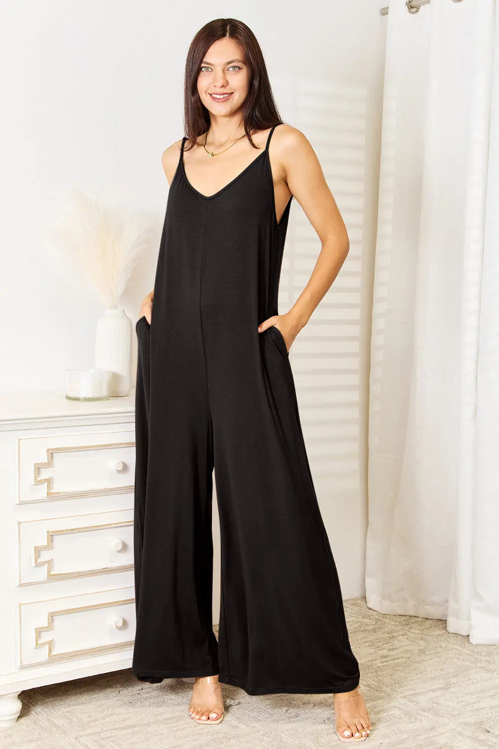 Double Take Full Size Soft Rayon Spaghetti Strap Tied Wide Leg Jumpsuit - Nikki’s Place