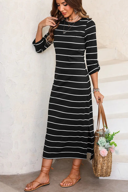 Slit Striped Round Neck Midi Dress - Nikki’s Place