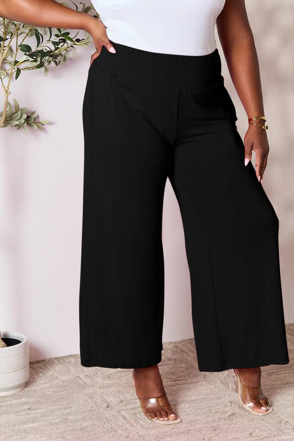 Double Take Full Size Smocked Wide Waistband Wide Leg Pants - Nikki’s Place