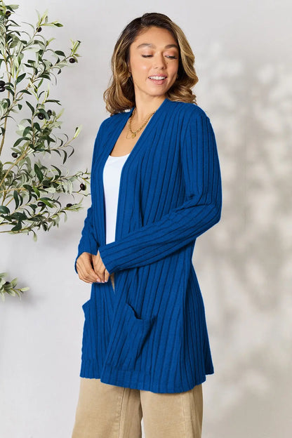 Basic Bae Full Size Ribbed Open Front Cardigan with Pockets - Nikki’s Place