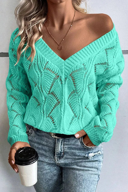 Openwork V-Neck Long Sleeve Sweater - Nikki’s Place