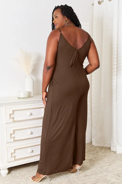 Double Take Full Size Soft Rayon Spaghetti Strap Tied Wide Leg Jumpsuit - Nikki’s Place