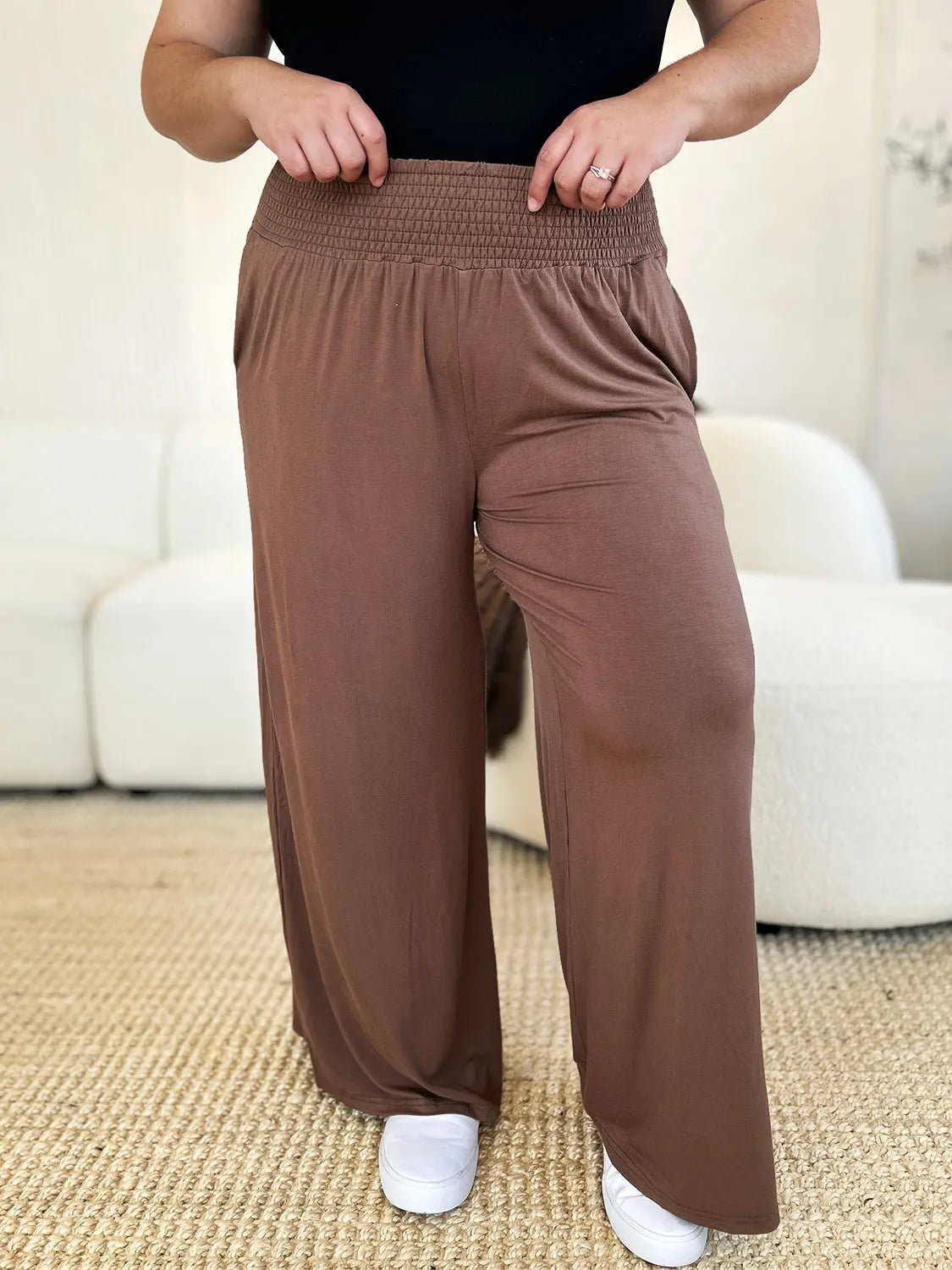 Double Take Full Size Smocked Wide Waistband Wide Leg Pants - Nikki’s Place