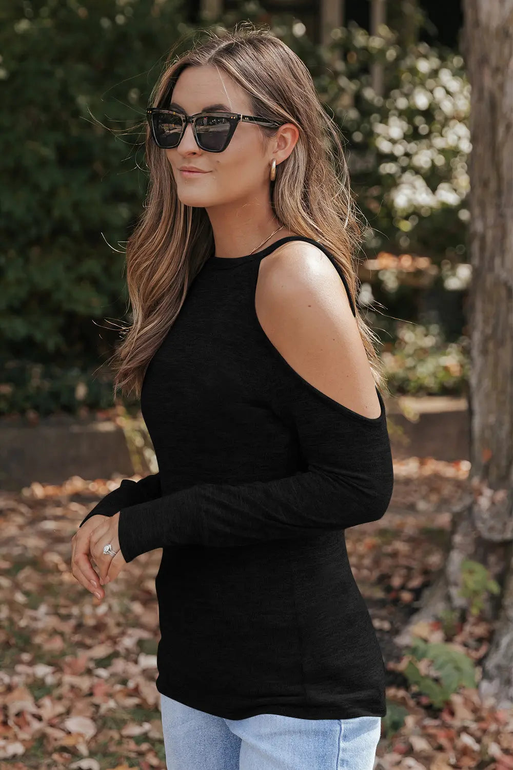 Round Neck Cold Shoulder Long Sleeve Top - Nikki’s Place