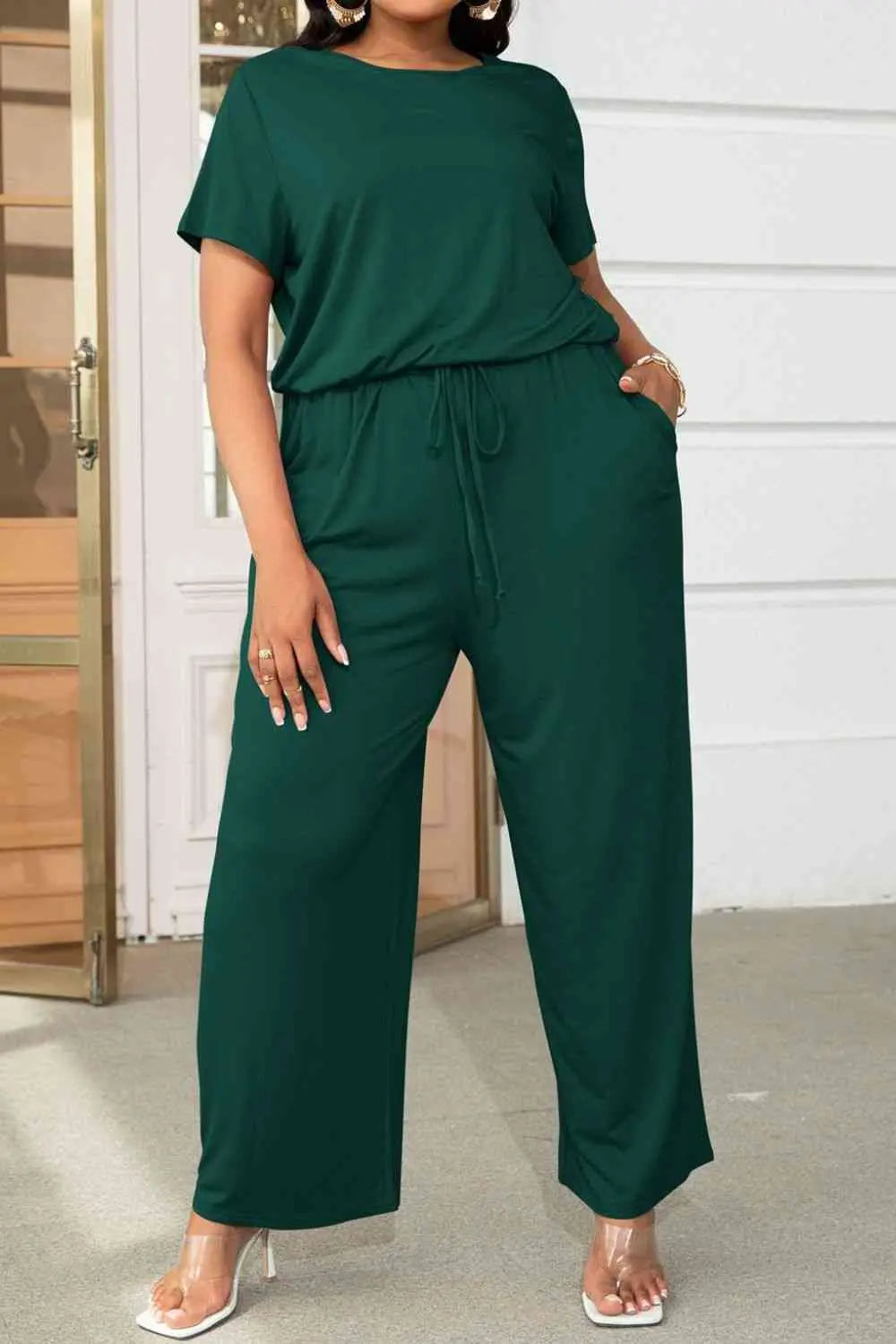 Plus Size Drawstring Waist Short Sleeve Jumpsuit - Nikki’s Place