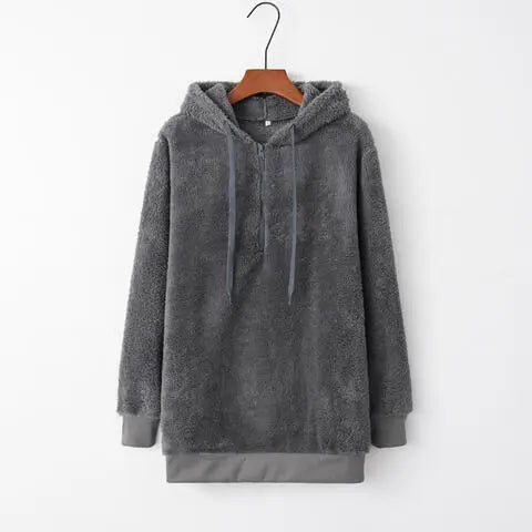 Quarter-Zip Drawstring Teddy Hoodie - Nikki’s Place