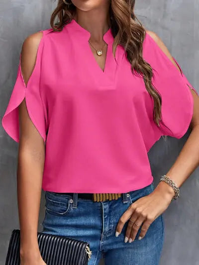 Notched Cold Shoulder Blouse - Nikki’s Place