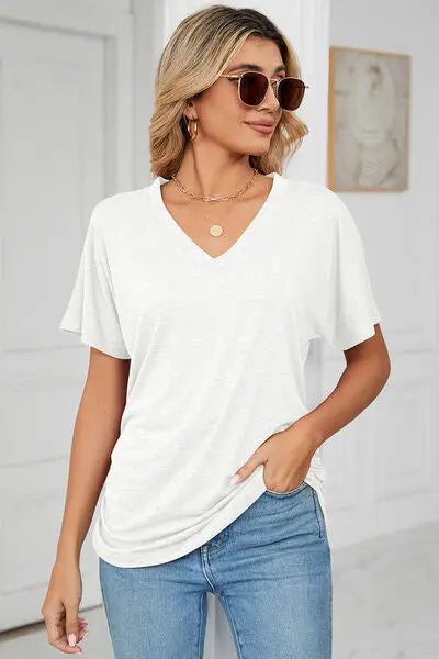 Ruched V-Neck Short Sleeve T-Shirt - Nikki’s Place